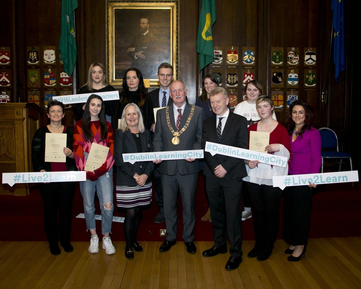 IADT 1916 ‘Leaders and Learners’ Bursary 2018 – 2019 recipients with Lord Mayor Nial Ring, Dr Annie Doona President of IADT, Dr Andrew Power, Registrar and Vice President for Equality & Diversity, IADT, Sinead McEntee Access Officer and Denise McMorrow, Student Experience Manager